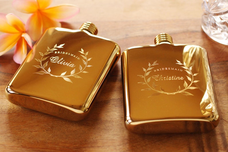 Bridesmaid Flask Engraved Gold Flask Personalized Bridesmaid Flask Maid of Honor Flask image 1