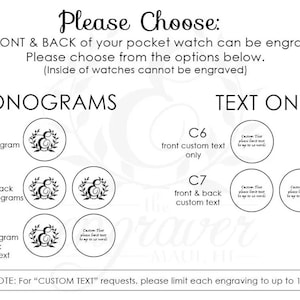 May include: Image showing engraving options for pocket watches. Choices include monograms and custom text on the front and back. The text states that the inside of the watches cannot be engraved.
