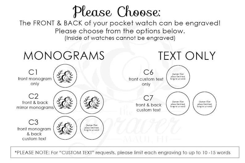 May include: Image showing engraving options for pocket watches. Choices include monograms and custom text on the front and back. The text states that the inside of the watches cannot be engraved.