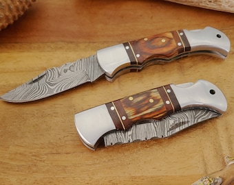 Damascus Pocket Folding Knife with Leather Sheath: Wood Handle
