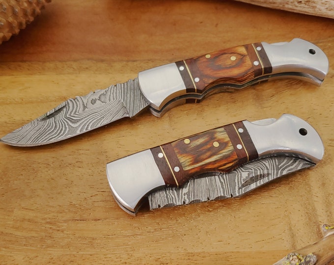 Damascus Pocket Folding Knife with Leather Sheath: Wood Handle