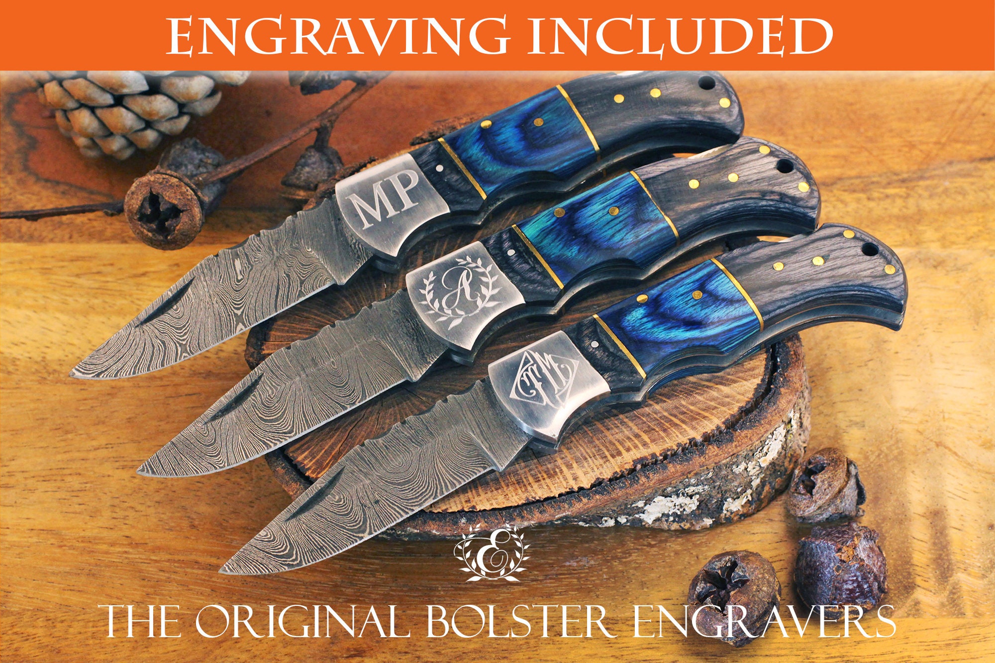 Engraved Damascus Pocket Folding Knife Blue and Black Wood Handle