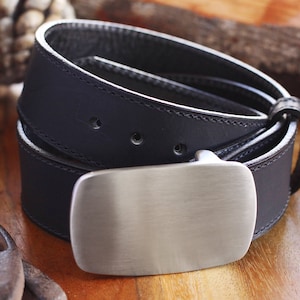 USA Amish Made Leather Belt with Custom Personalized Engraved Satin Silver Steel Belt Buckle