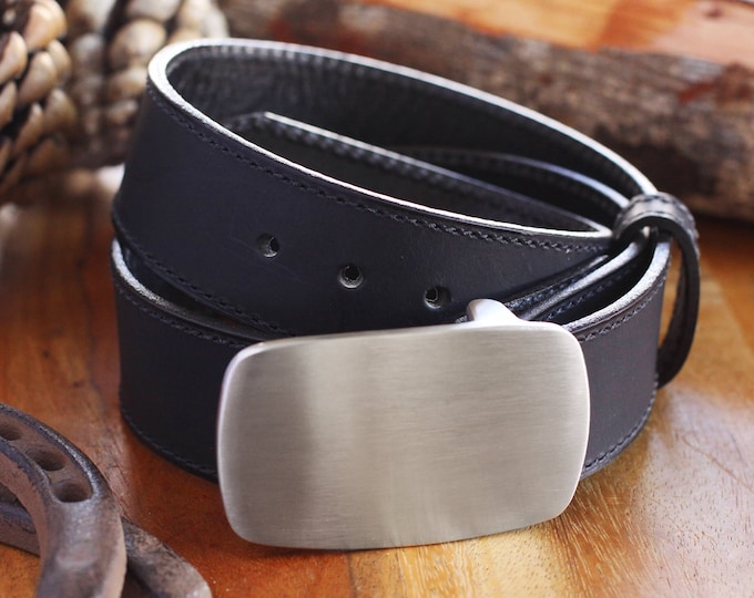 USA Amish Made Leather Belt with Custom Personalized Engraved Satin Silver Steel Belt Buckle