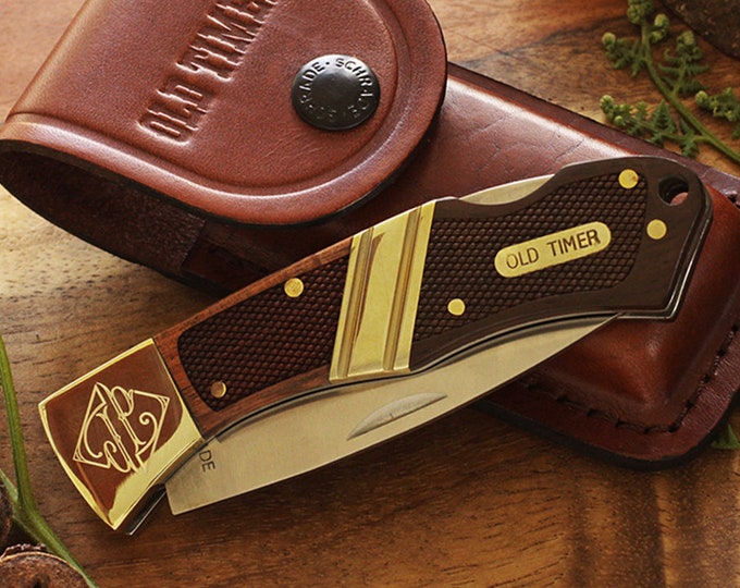 Schrade Old Timer Pocket Knife, Wood Handle, Leather Sheath, Personalized Gift