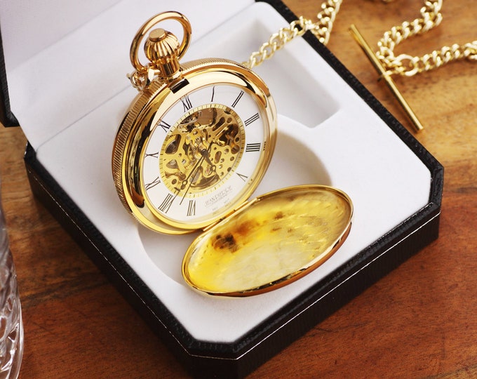 Jean Pierre® of Switzerland Gold Mechanical Double Hunter Skeleton Pocket Watch , Personalized Pocket Watch Anniversary Gift for Him
