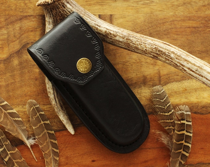 Large Black Leather Sheath Belt Holster Fits 5" Knives and Multitool: Personalized Pocket Knife Leather Pouch