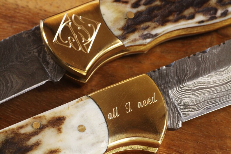 Damascus Pocket Knife Engraved Bone Handle Damascus Knife Etsy