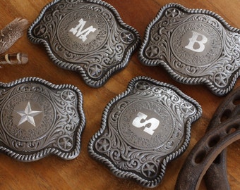 Vintage Western Belt Buckle: Personalized Initial, Antique Finish