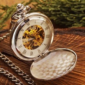 Silver Mechanical Pocket Watch Anniversary Gifts for Him, Groomsmen Pocket Watch Mechanical Watch for Wedding Vintage Pocket Watches for Men zdjęcie 1