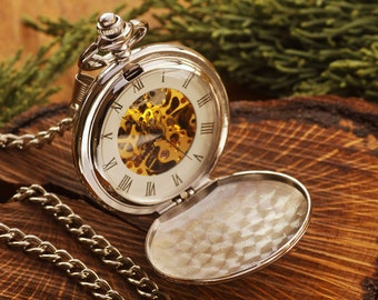 Silver Mechanical Pocket Watch Anniversary Gifts for Him, Groomsmen Pocket Watch Mechanical Watch for Wedding Vintage Pocket Watches for Men