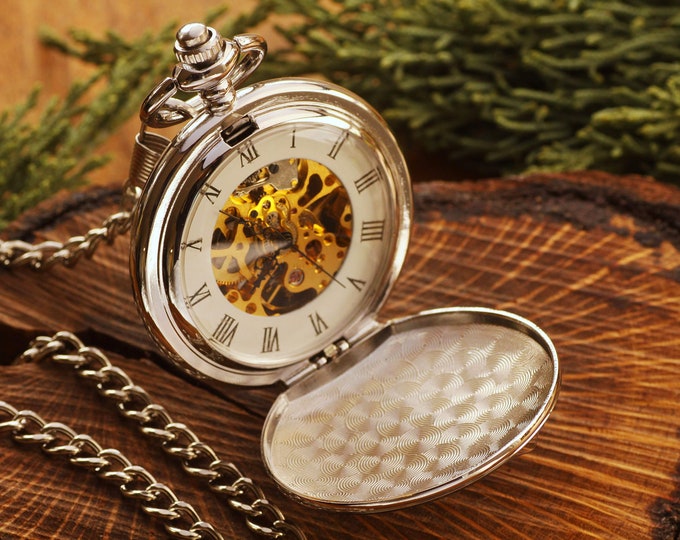 Silver Mechanical Pocket Watch Anniversary Gifts for Him, Groomsmen Pocket Watch Mechanical for Wedding, Vintage Pocket Watches for Men