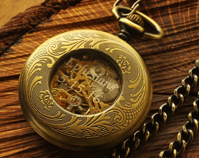 Custom Pocket Watch Bronze - Personalized Groomsmen Gifts - Engraved Wedding Date -Anniversary Gift For Men - Gold Pocket Watch Engraved