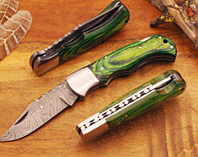 New Engraved Damascus Pocket Knife with Leather Sheath and Green Wood Handle, Silver Bolster Engraved Damascus Folding Knife