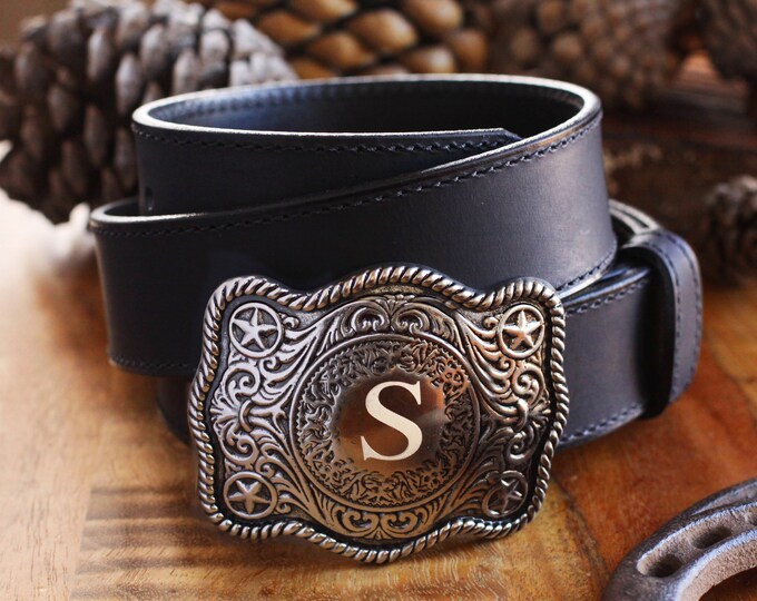 Made in USA Personalized Silver Belt Buckle, USA Amish Made Black Leather Belt, Cowboy Belt Buckle