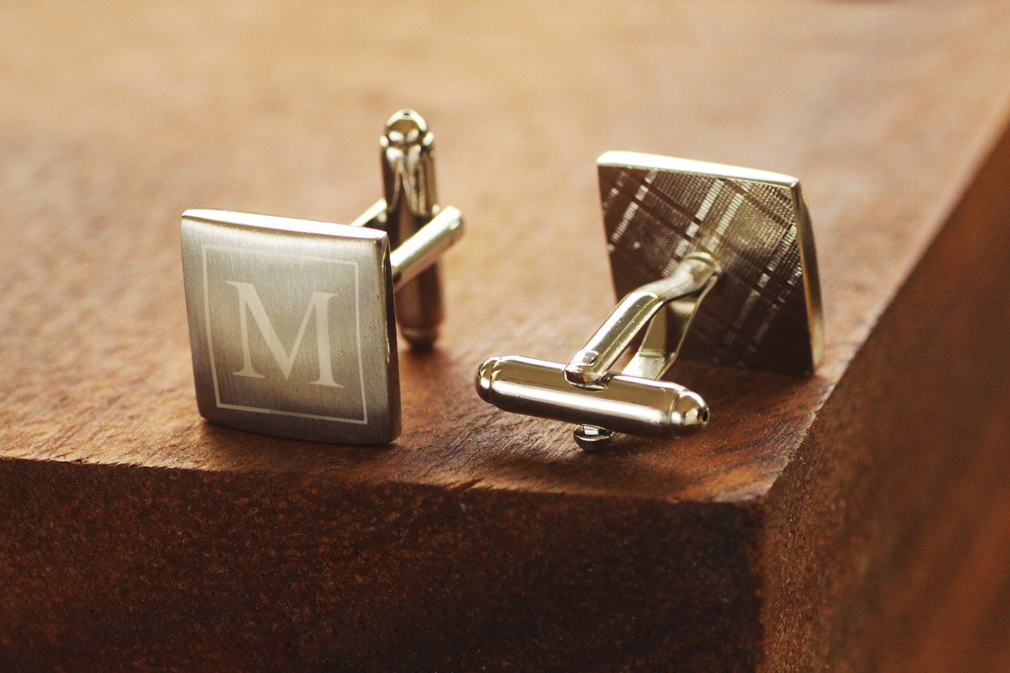 Engraved Silver Steel Cufflinks Personalized Groomsmen Cufflinks Square Monogramed Cufflinks