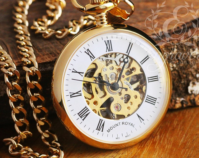 Mount Royal Open Face Skeleton Gold Pocket Watch, Personalized Pocket Watch
