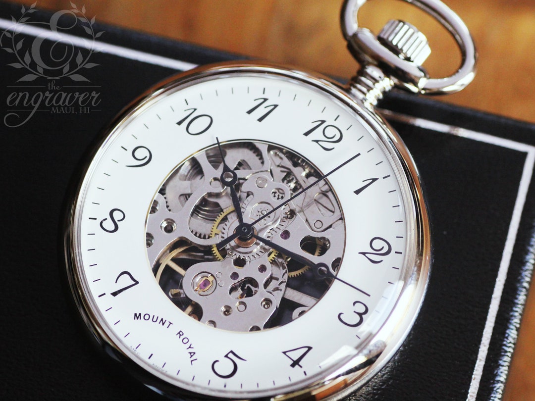 Mount Royal Open Face Skeleton Pocket Watch, Personalized Pocket Watch