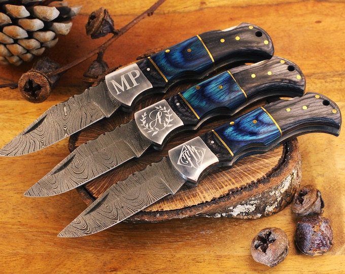 Damascus Steel Folding Knife: Blue and Black Wood Handle