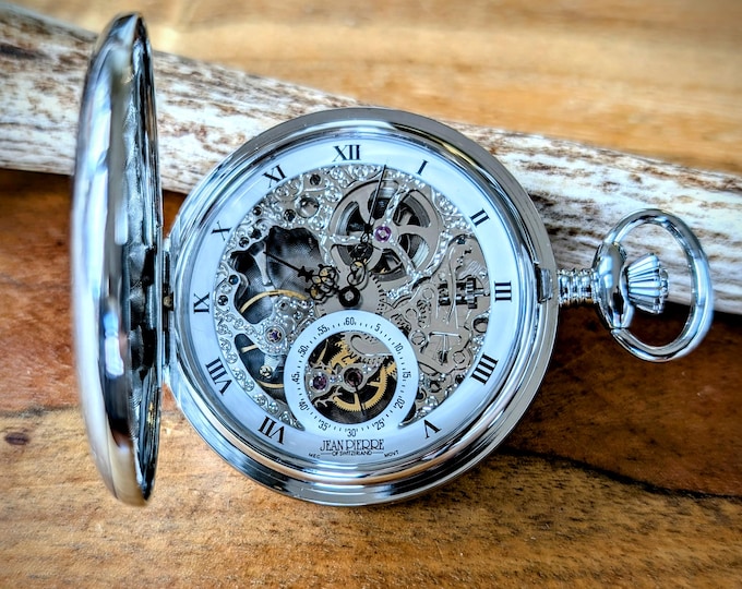 Jean Pierre® of Switzerland Silver Mechanical Double Hunter Skeleton Engraved Pocket Watch, Small Seconds Display