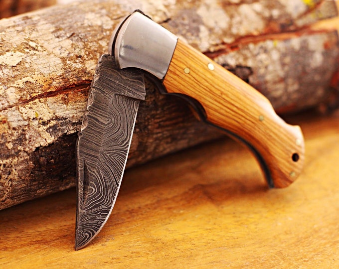 New Engraved Damascus Pocket Knife with Leather Sheath - Light Wood Handle - Silver Bolster - Personalized Damascus Folding Knife