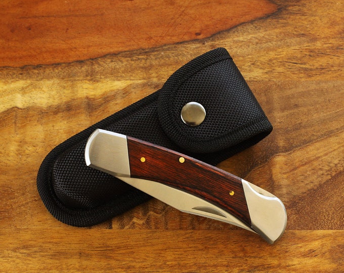 Large 5" Pocket Knife with Wood Handle: Belt Pouch