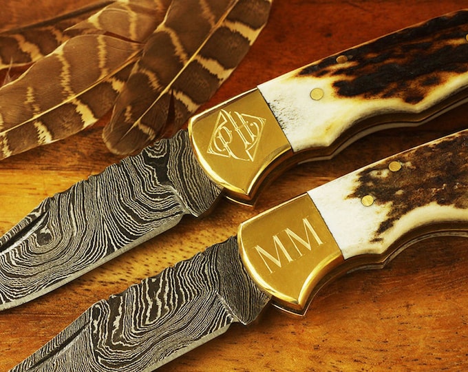 Mis-Engraved Damascus Pocket Knife with Stag Horn Handle