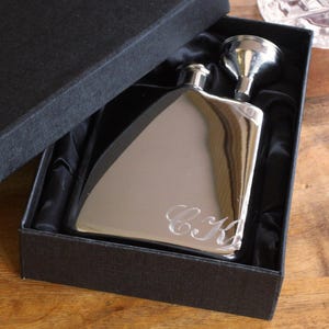 Chrome Silver Personalized Flask With Funnel and Gift Box, Funnel Included, Engraved Silver Flask, Personalized Groomsman Flask