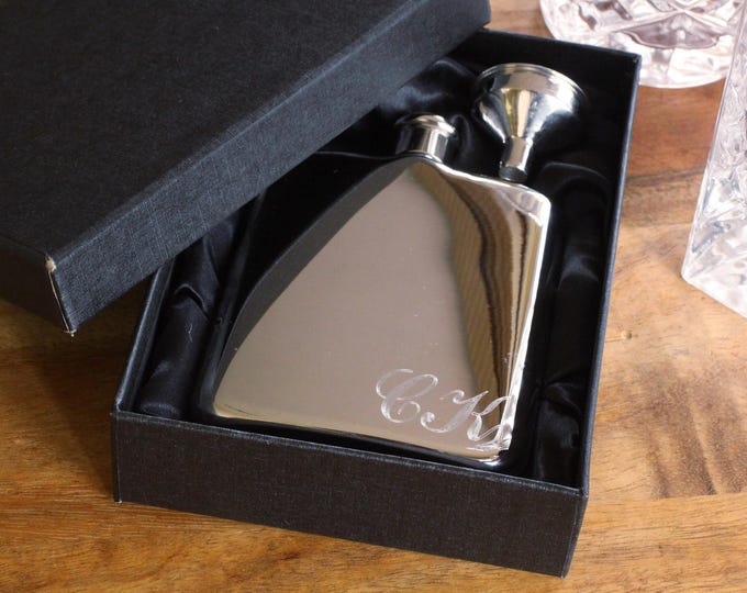 Chrome Silver Personalized Flask With Funnel and Gift Box, Funnel Included, Engraved Silver Flask, Personalized Groomsman Flask