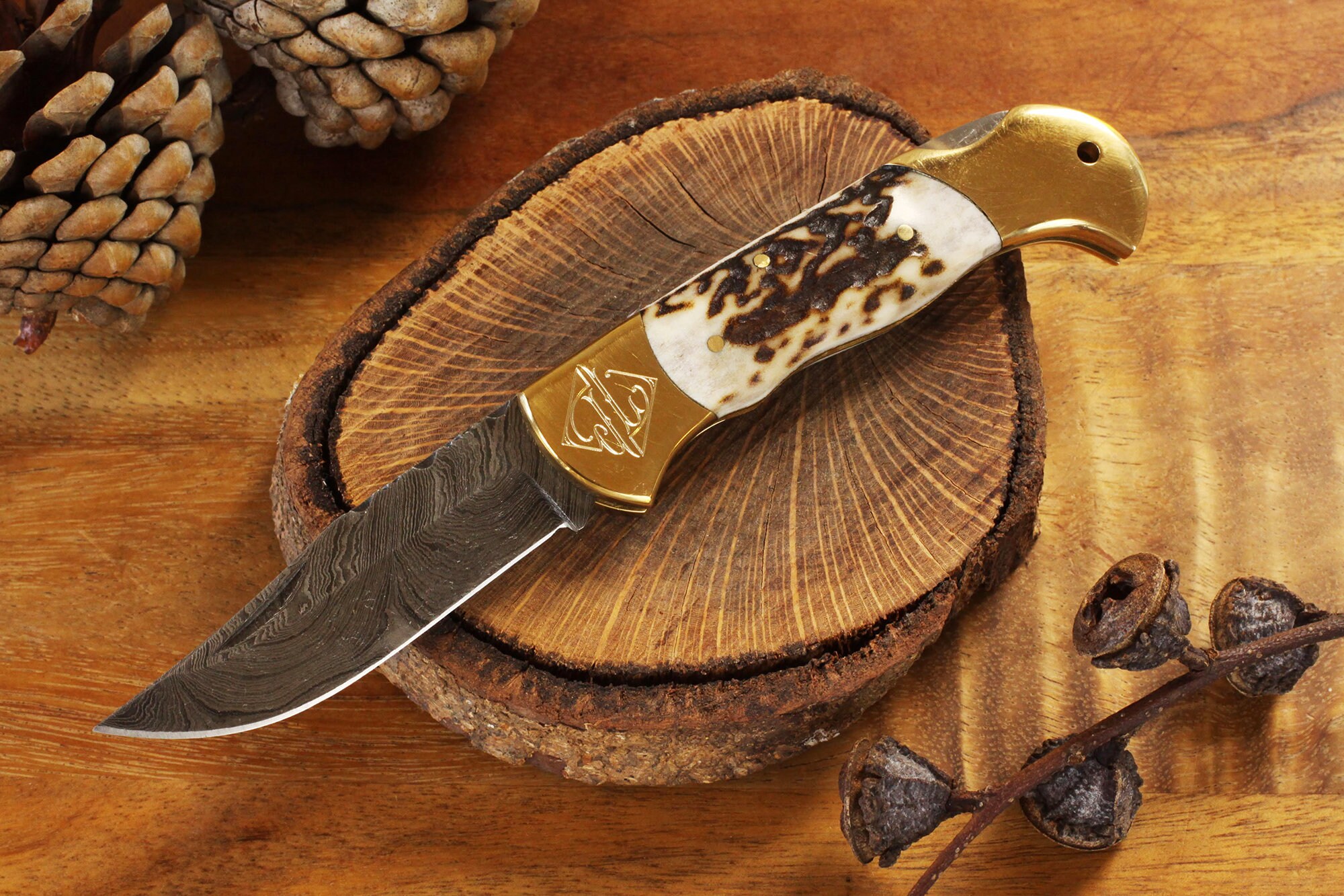 Large Damascus Folding Knife Stag Horn Handle Brass Bolster