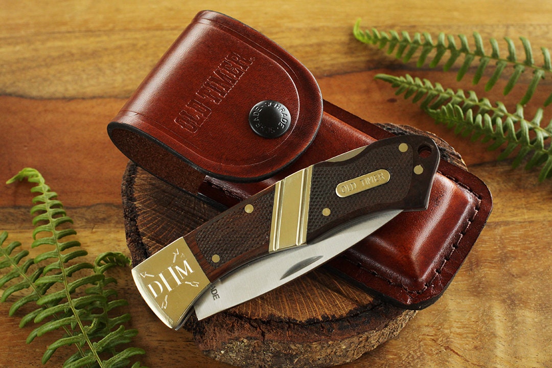 Engraved Old Timer Lockback Pocket Knife with Leather Sheath Personalized Groomsmen Gifts