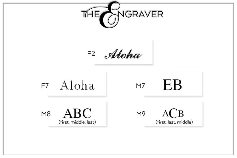 K&ouml;nnte beinhalten: Ein wei&szlig;er Hintergrund mit schwarzem Text, der verschiedene M&ouml;glichkeiten zum Gravieren von Namen zeigt. Der Text enth&auml;lt "Aloha", "EB", "ABC (first, middle, last)" und "ACB (first, last, middle)".