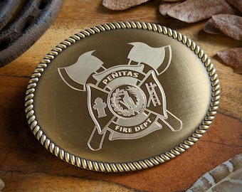 Personalized Golden Belt Buckle for Men, Groomsman Gift, Fire Department Custom Belt Buckle, Birthday Gift for Him with Ranch Logo