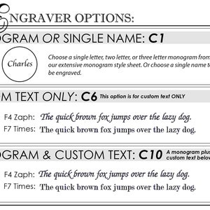 May include: A black and white graphic detailing engraving options. Includes monogram or single name, custom text only, and monogram & custom text options. Examples of text styles are shown, including "The quick brown fox jumps over the lazy dog."