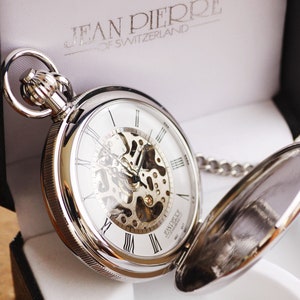 Jean Pierre Silver Skeleton Pocket Watch: Personalized Engraved Mechanical Watch