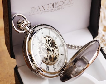 Jean Pierre® of Switzerland Silver Mechanical Double Hunter Skeleton Pocket Watch - Personalized Pocket Watch