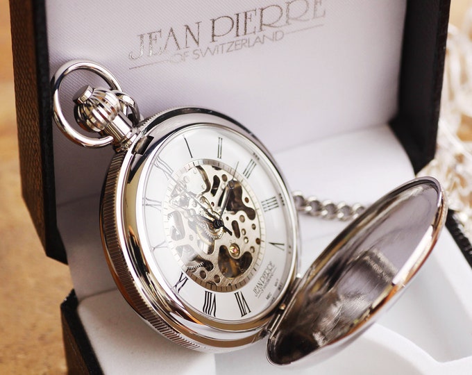 Jean Pierre® of Switzerland Silver Mechanical Double Hunter Skeleton Pocket Watch, Personalized Pocket Watch