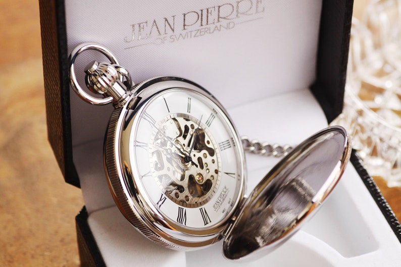 Jean Pierre® of Switzerland Silver Mechanical Double Hunter Skeleton Pocket Watch Personalized Pocket Watch image 1