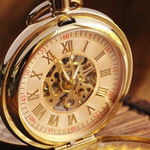Engraved Brushed Gold Double Hunter Mechanical Pocket Watch with Gift Box, Personalized Groomsmen Gifts, Anniversary Gift For Men