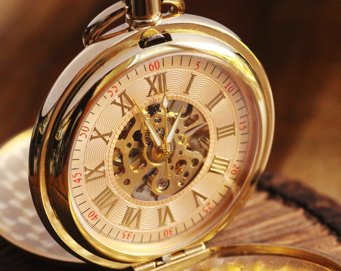 Engraved Brushed Gold Double Hunter Mechanical Pocket Watch with Gift Box, Personalized Groomsmen Gifts, Anniversary Gift For Men
