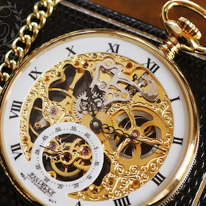 Jean Pierre® of Switzerland Gold Mechanical Open Face Skeleton Pocket Watch - Personalized Pocket Watch