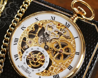 Jean Pierre® of Switzerland Gold Mechanical Open Face Skeleton Pocket Watch, Personalized Pocket Watch