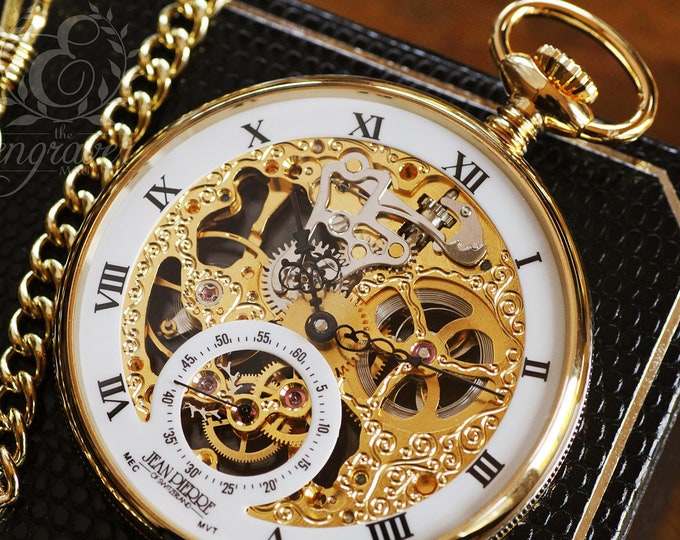 Jean Pierre® of Switzerland Gold Mechanical Open Face Skeleton Pocket Watch, Personalized Pocket Watch