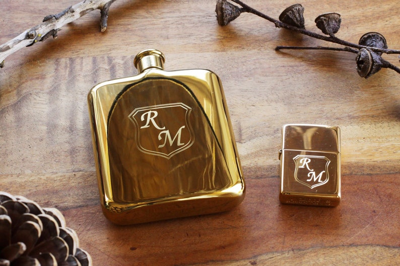 Yellow Gold Personalized Flask Engraved Yellow Gold Flask Personalized Groomsman or Bridesmaid Flask Best Man Engraved Flask image 5