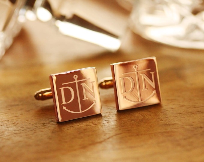 Engraved Rose Gold Cufflinks, Personalized Groomsmen Cufflinks, Square Monogramed Cufflinks