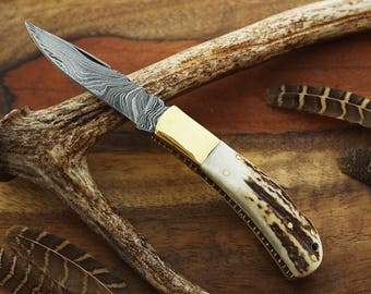 Engraved Stag Horn Damascus Steel Knife