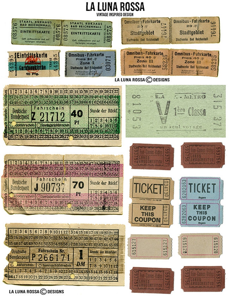 Vintage Tickets Full Color Clip Art Digital Collage Sheet Printable image 2