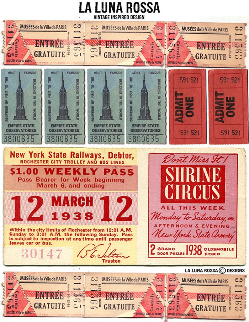 Vintage Tickets Full Color Clip Art Digital Collage Sheet Printable image 1