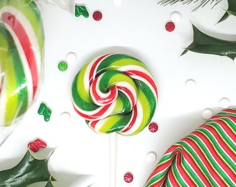 10 piruletas navideñas con espiral, piruletas de caramelo, piruletas giratorias hechas a mano, personalizadas, cualquier sabor, 2.5", MadScienceSweets, verde, rojo y blanco