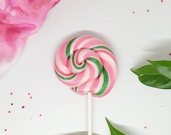 10 piruletas de caramelo con espiral hechas a mano, personalizadas, de cualquier sabor, 2.5", MadScienceSweets, regalos de fiesta, rosa y verde